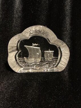 Nybro Viking Ship Crystal Paperweight